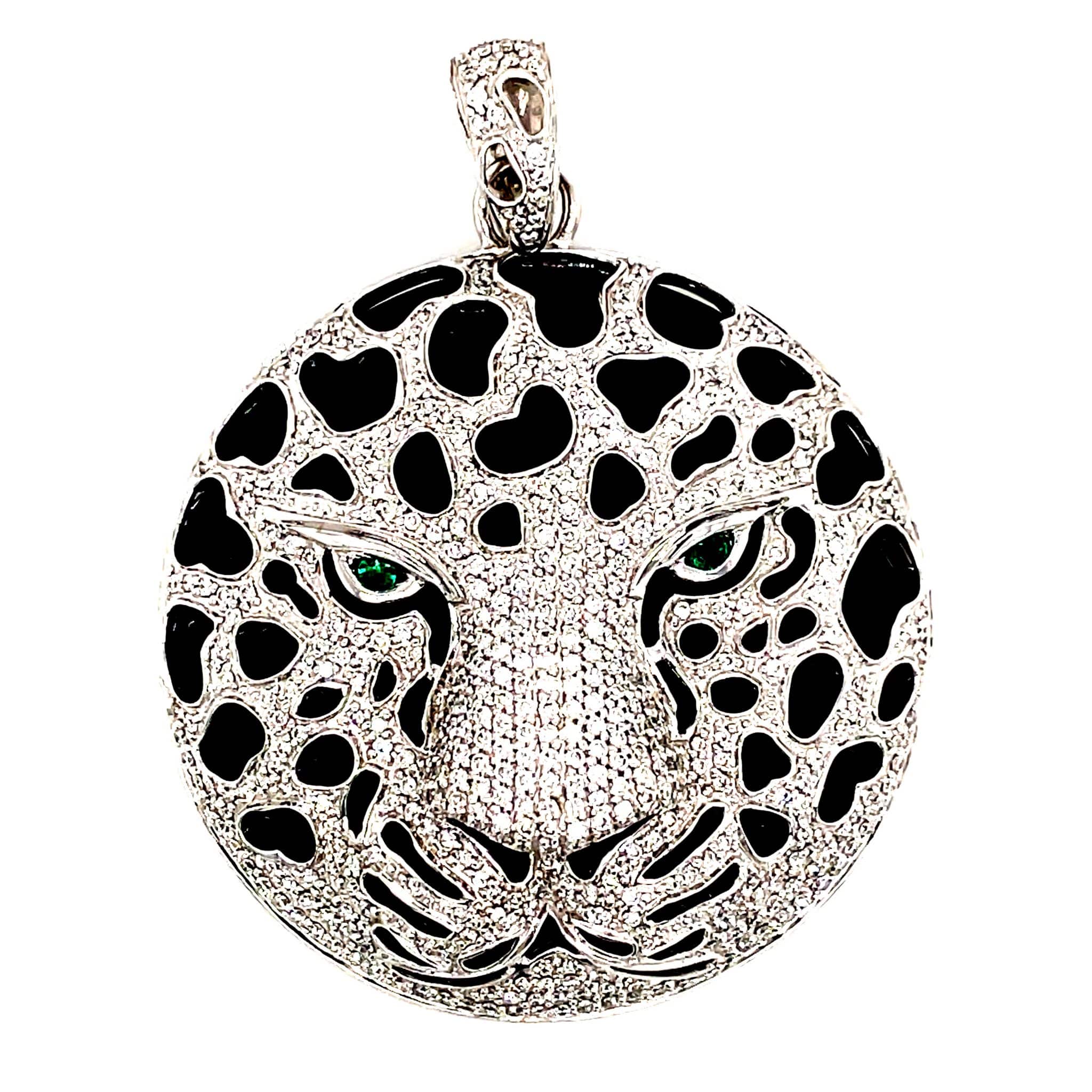 Diamant Anhänger ca. 2 ct Leopardenkopf Onyx Smaragden Weißgold 750/ 18K 