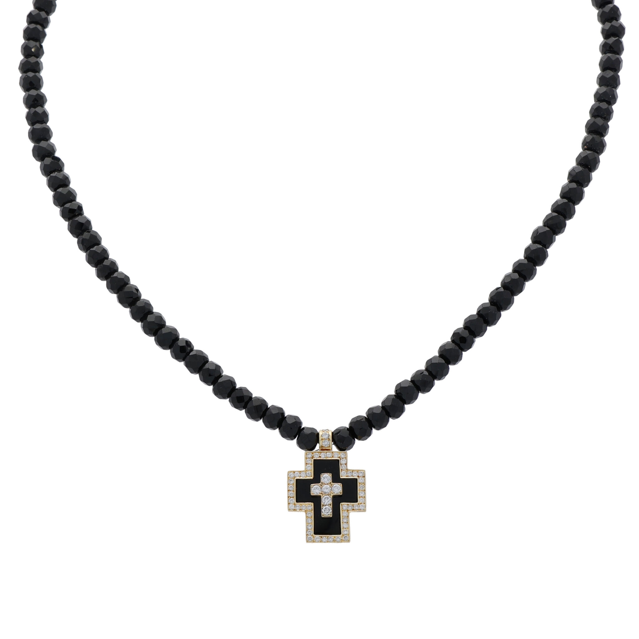 Onyxkette mit Diamant Kreuzanhänger Gelbgold 585/14K. 