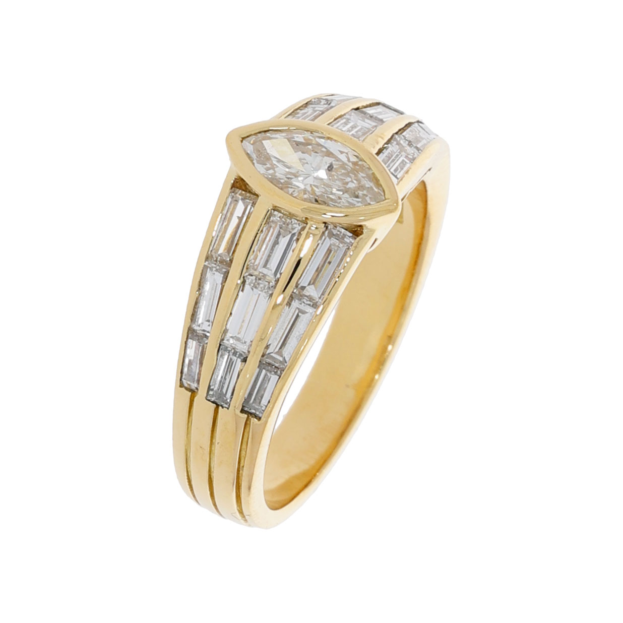 Diamant Ring Gelbgold 750/18K. ca. 1,10ct. Marquise & Baguette